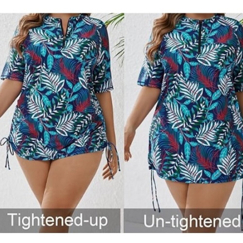 Halcurt Plus Size 1XL Rash Guard Short Sleeve Swim Shirts w/ Tie Drawstring Top